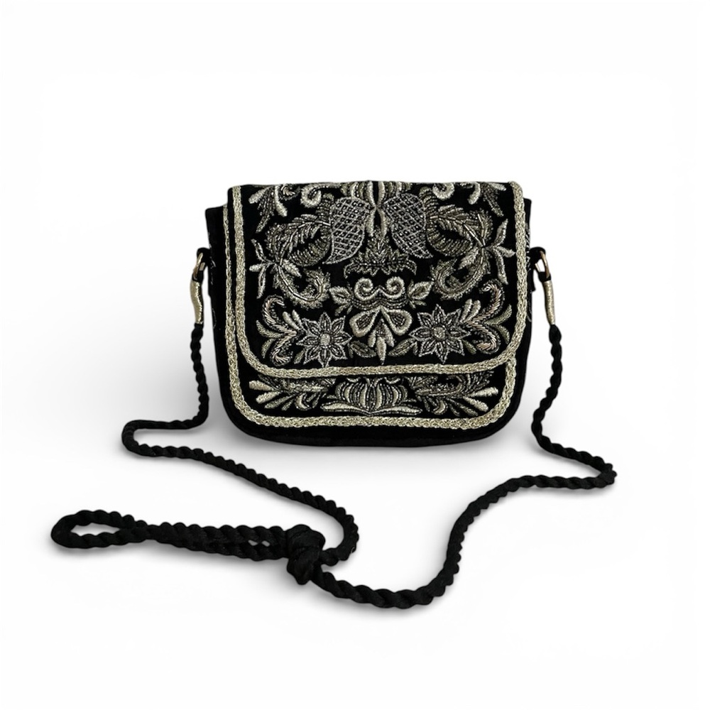 Vintage Chico’s Black Metallic Embroidered Long Strap Shoulder Bag